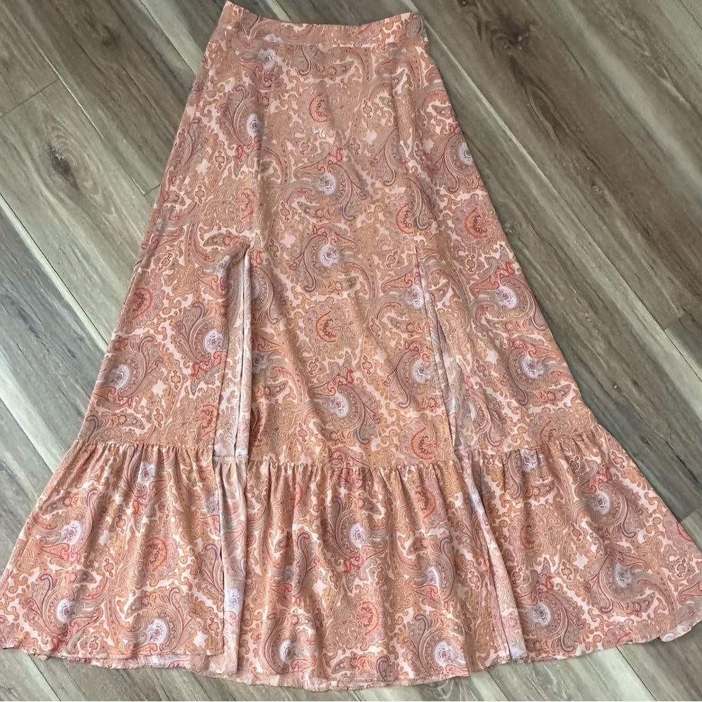 MAJORELLE Size S Paisley Maxi Skirt Boho Orange Pink  Flowy Front Slits